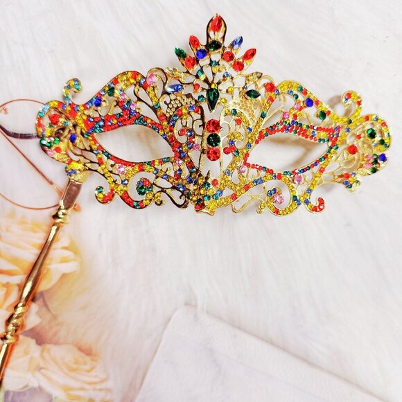 Rainbow Masquerade Mask, Crystal Handheld Mask, Gold Mask, Prom Mask, Pride Mask - Picture 4 of 9